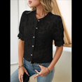 thumbnail image 4 of Womens Lace Short Puff Sleeve Casual Eyelet Crew Neck Button Down Shirts Black S, 4 of 7