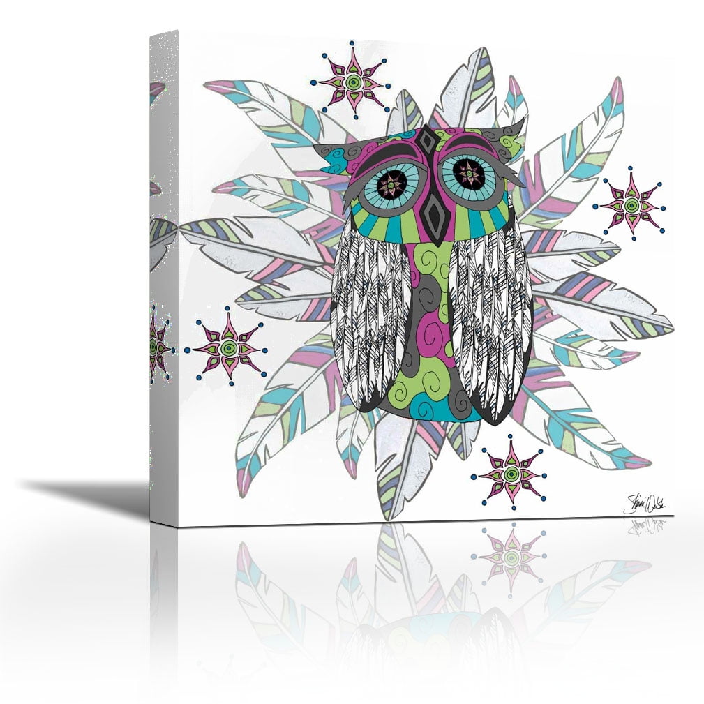 Boho Owl and Feathers Contemporary Fine Art Giclee on Canvas Gallery