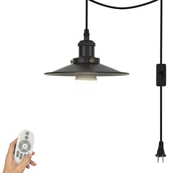Kiven Plug in Pendant Light, Dimmable Hanging Light with Remote Control, Modern Hanging Light Fixture with 15FT Cord Adjustable Height for Bedroom Foyer Hallway Kitchen Island, Black Finish