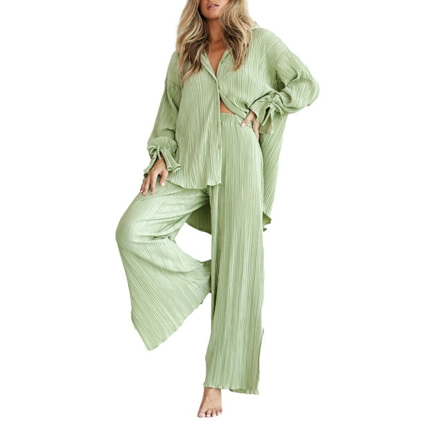VISgogo Traje de pantalón de dos piezas para mujer, blusa de manga larga de color liso y pantalones de corte recto VISgogo moda