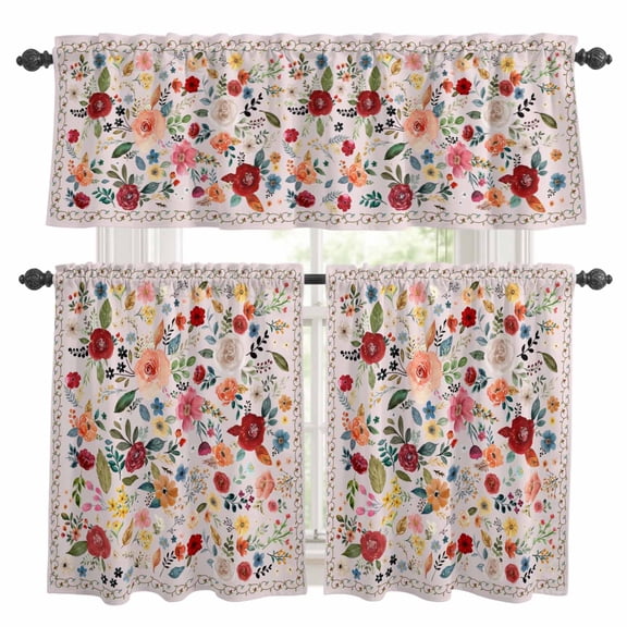 Pink Flowers Kitchen Curtains Sets for Windows 24 Inch Length, Spring Farmhouse Floral Leaves Vintage Rod Pocket Window Treatments Tier Curtains and Valances Set for Bedroom/Bathroom