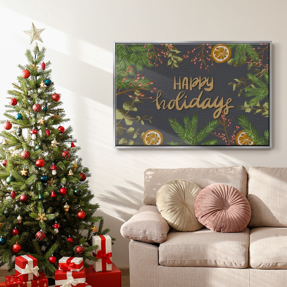 Holiday Sentiment II - Framed Gallery Wrapped Holiday Canvas - 27 x 41 - Silver Frame