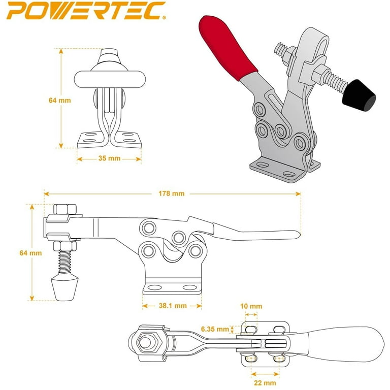 POWERTEC 20325 Quick Release Horizontal Toggle Clamp 225D - 500 lb Holding Capacity W Rubber Pressure Tip, 2pk