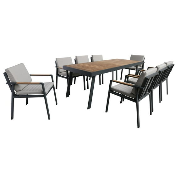 Armen Living Nofi Outdoor Patio Dining Set in Charcoal Finish with Taupe Cushions (Table with 8 chairs)