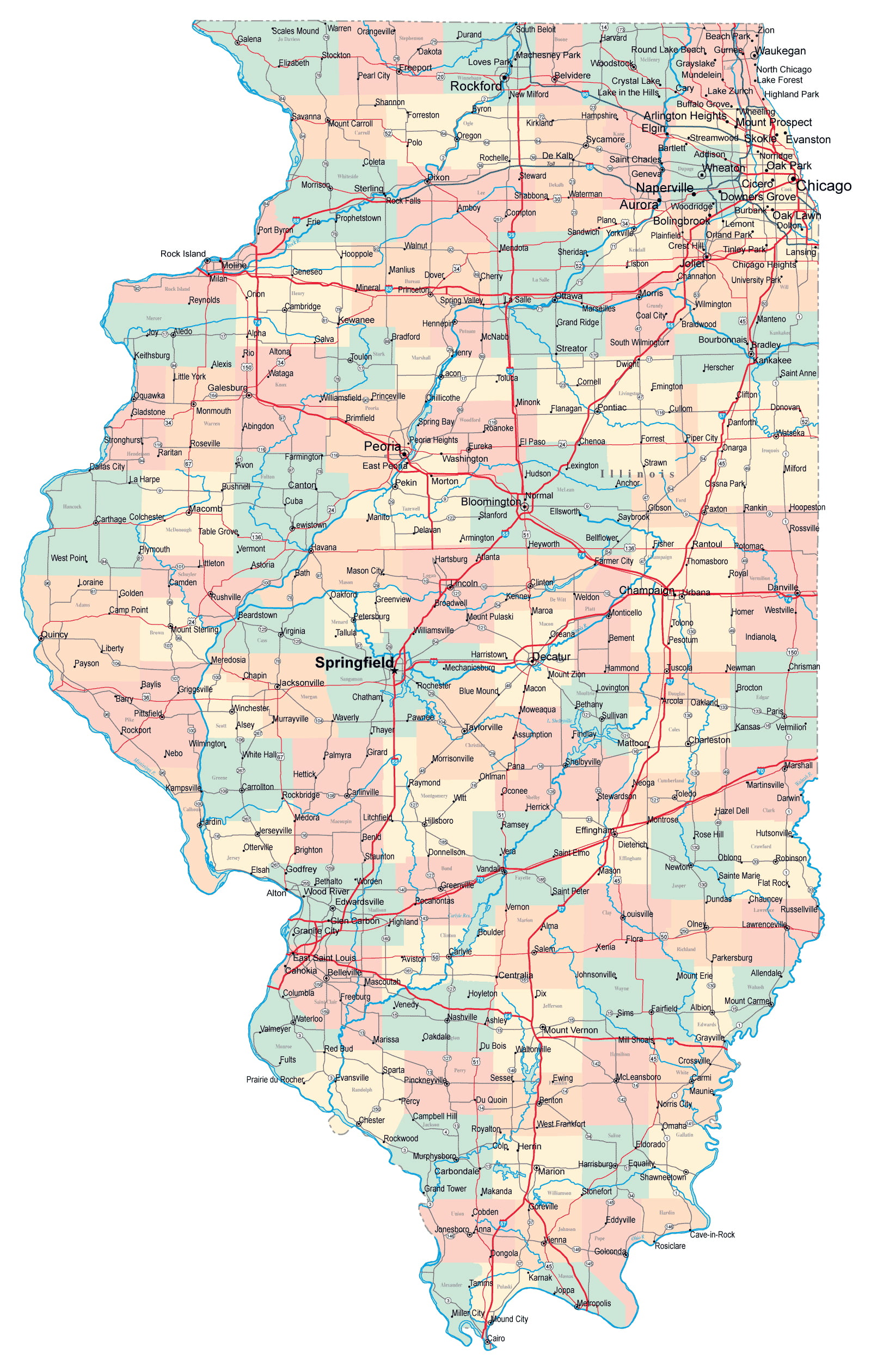 Laminated Map Large Administrative Map Of Illinois State With Roads