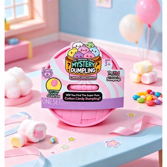 Mystery Cotton Candy Theme Dumpling Squishy, Scented Glitter Confetti Squeeze Toy With Pink Steamer Box, Surprise Bao Bun Fidget Collectible Toy Crazy Gifts for Fun