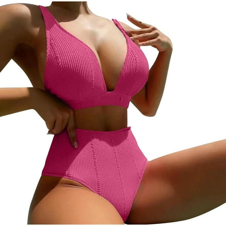 Uaswgudfs Women s Deep-V Triangle Bikini Top and High-Waisted Short Set with Textured Knit Fabric - Supportive  Stretchy Design Hot Pink L