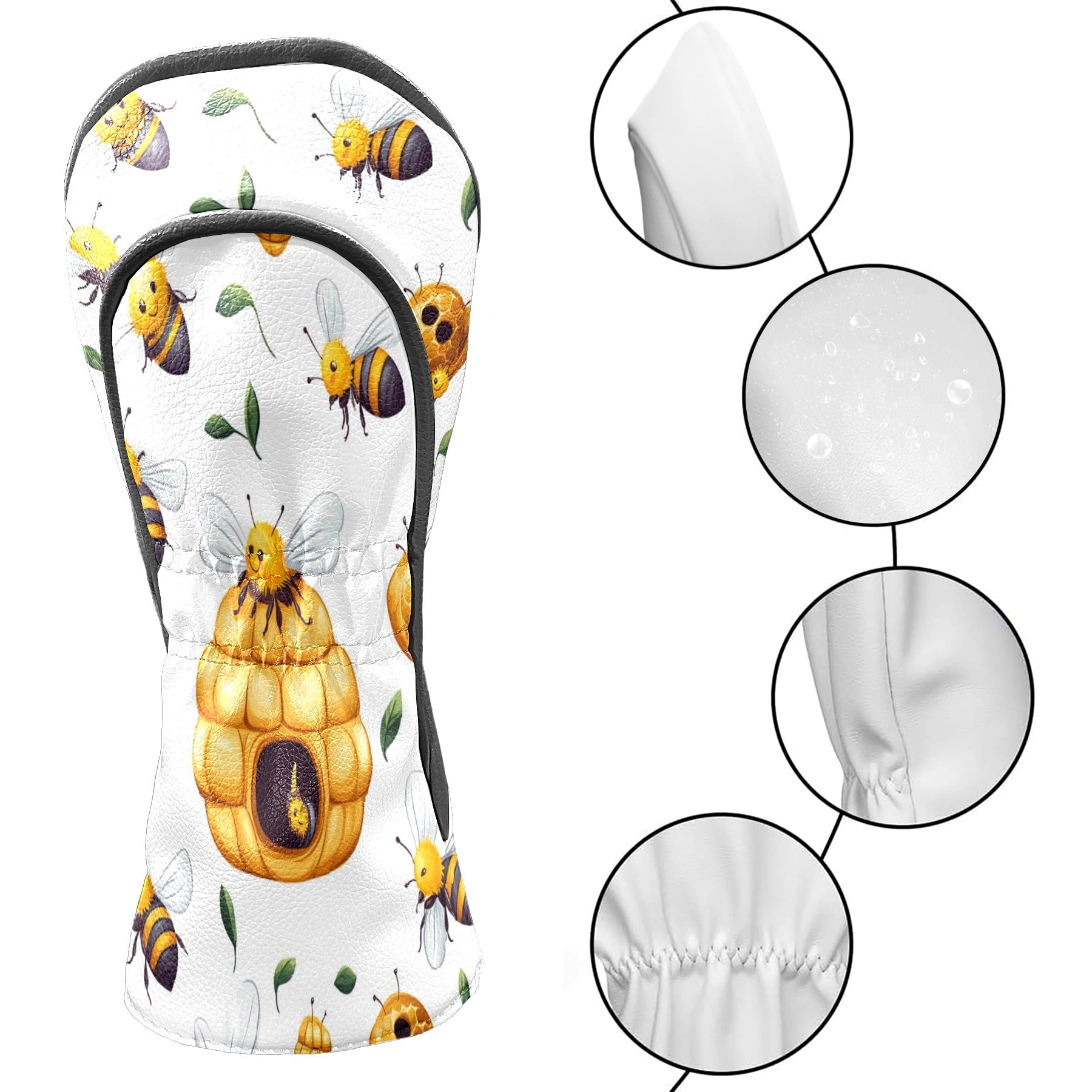 Golf Head Covers Bee Nesting Design for Driver, Wood & Hybrid, Premium Waterproof PU Leather with Plush Lining, Nature Inspired Golf Gifts