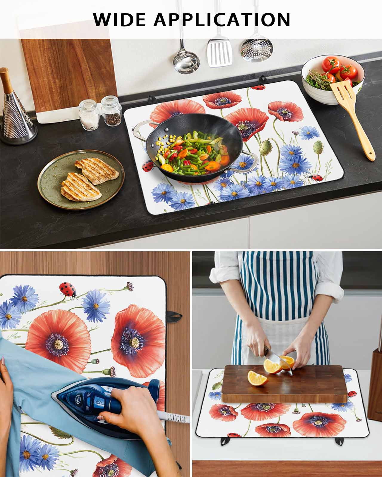 nqOlkjepod Large Induction Cooktop Protector Mat 24"x21", Independence Day Stove Top Covers for Electric Stove, Vintage Flower Watercolor Red Blue Stove Burner Cover Mats, Glass Top Stove Cover
