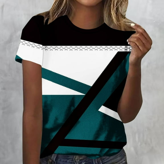 Cagogo Women Casual Crew Neck Blouses Under $5 Summer Short Sleeve Color Block Tshirt Holiday Beach Tunic Tops Valentines Day Gifts for Her
