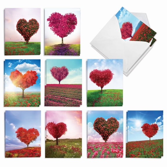 The Best Card Company 20 Assorted Valentine's Day Note Cards Boxed Set 4 x 5.12 Inch with Envelopes (10 Designs, 2 Each) Heart Trees AM8994VDG-B2x10