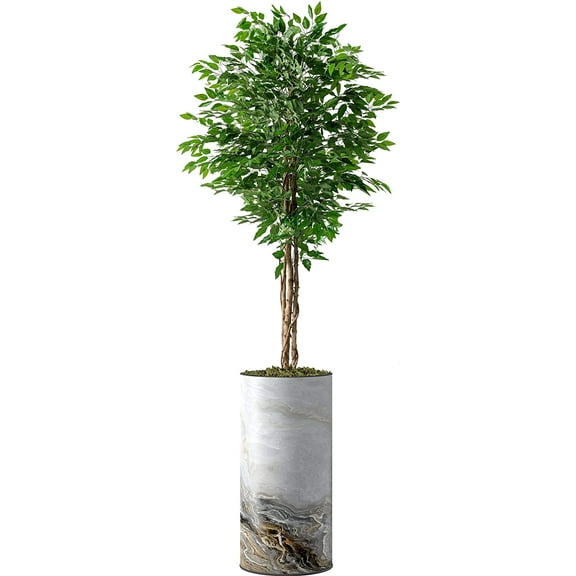 Artificial Tree in Modern Granite Effect Planter, Fake Ficus Silk Tree for Indoor and Outdoor Home Decoration - 75" Overall Tall (Plant Pot Plus Tree)