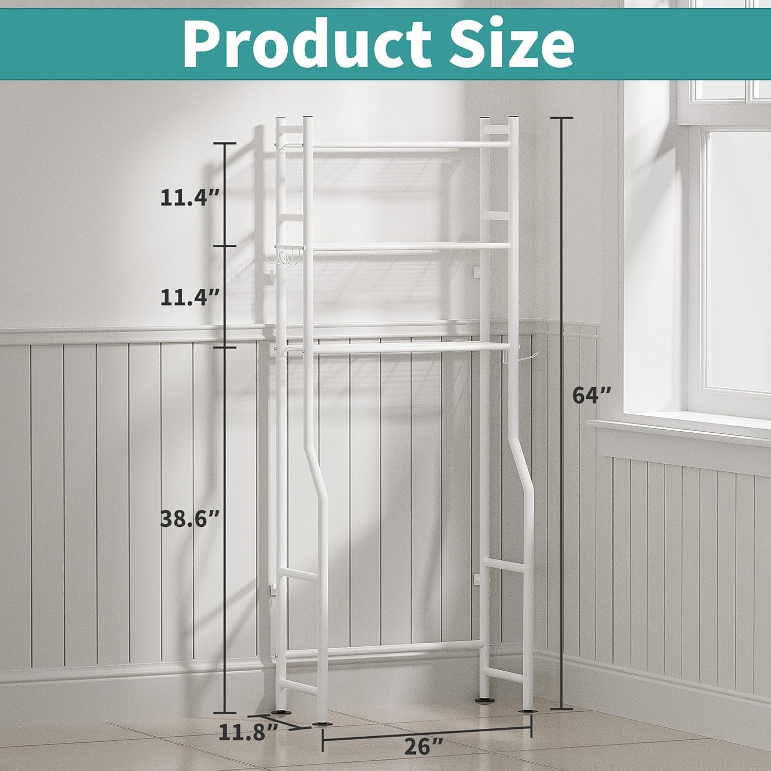 3-Tier Over The Toilet Storage with Paper Holder, Metal Bathroom Organizers and Storage for Small Space, Freestanding Bathroom Shelves with 4 Hooks, Above The Toilet Storage Shelf, Black