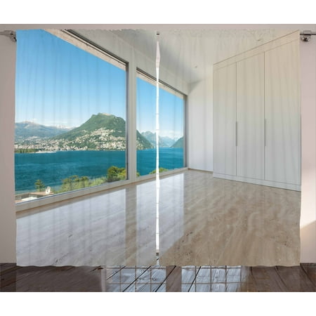 - Modern Decor Curtains 2 Panels Set, Interior of Penthouse Empty Living Room Large Windows Sea Mountains View, Window Drapes for Living Room Bedroom, 108W X 84L Inches, White Blue Beige, by Ambesonne