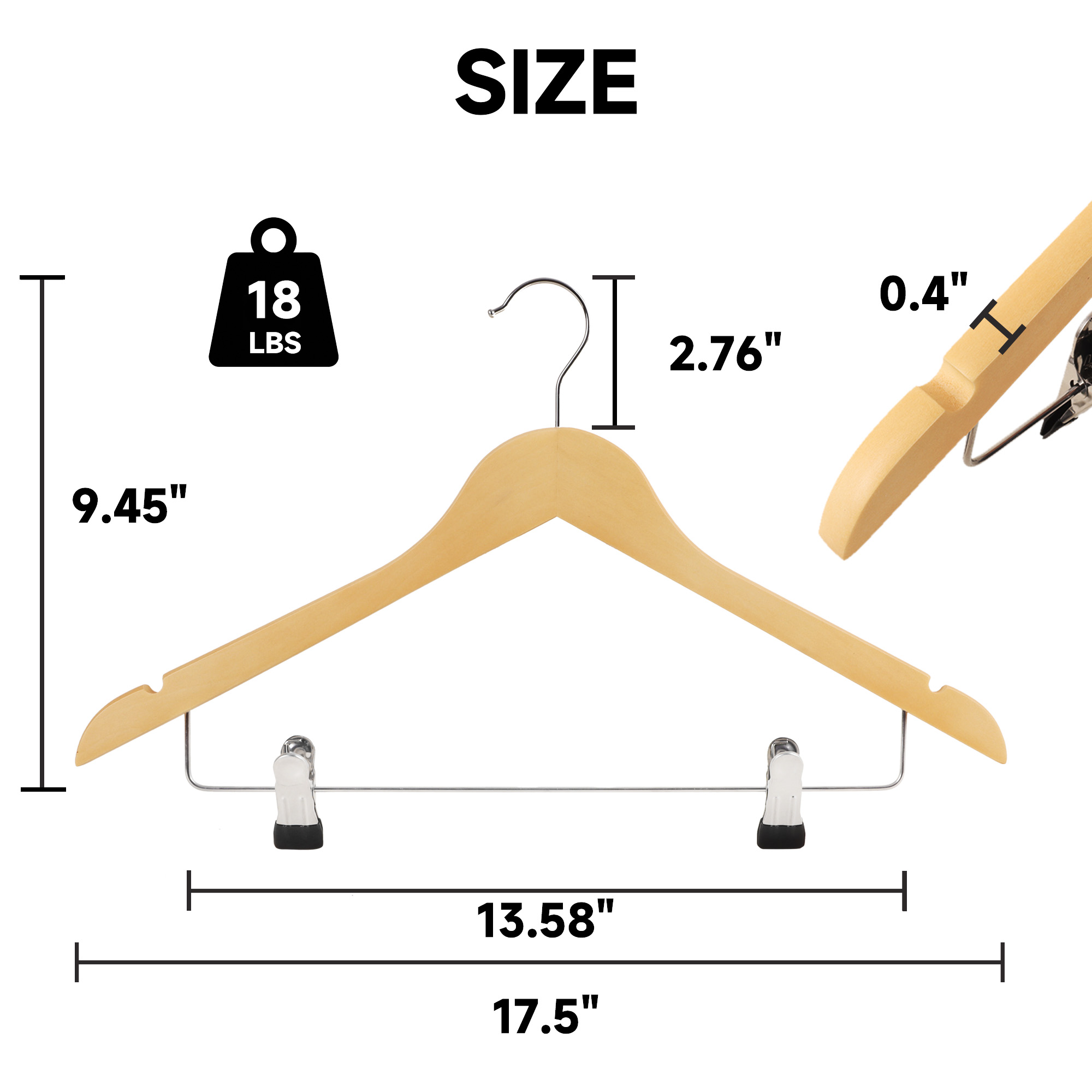 12-Pack Wooden Hangers with Adjustable Metal Clips for Skirt, Dress, Coats, Jacket and Pants (Natural Wood)