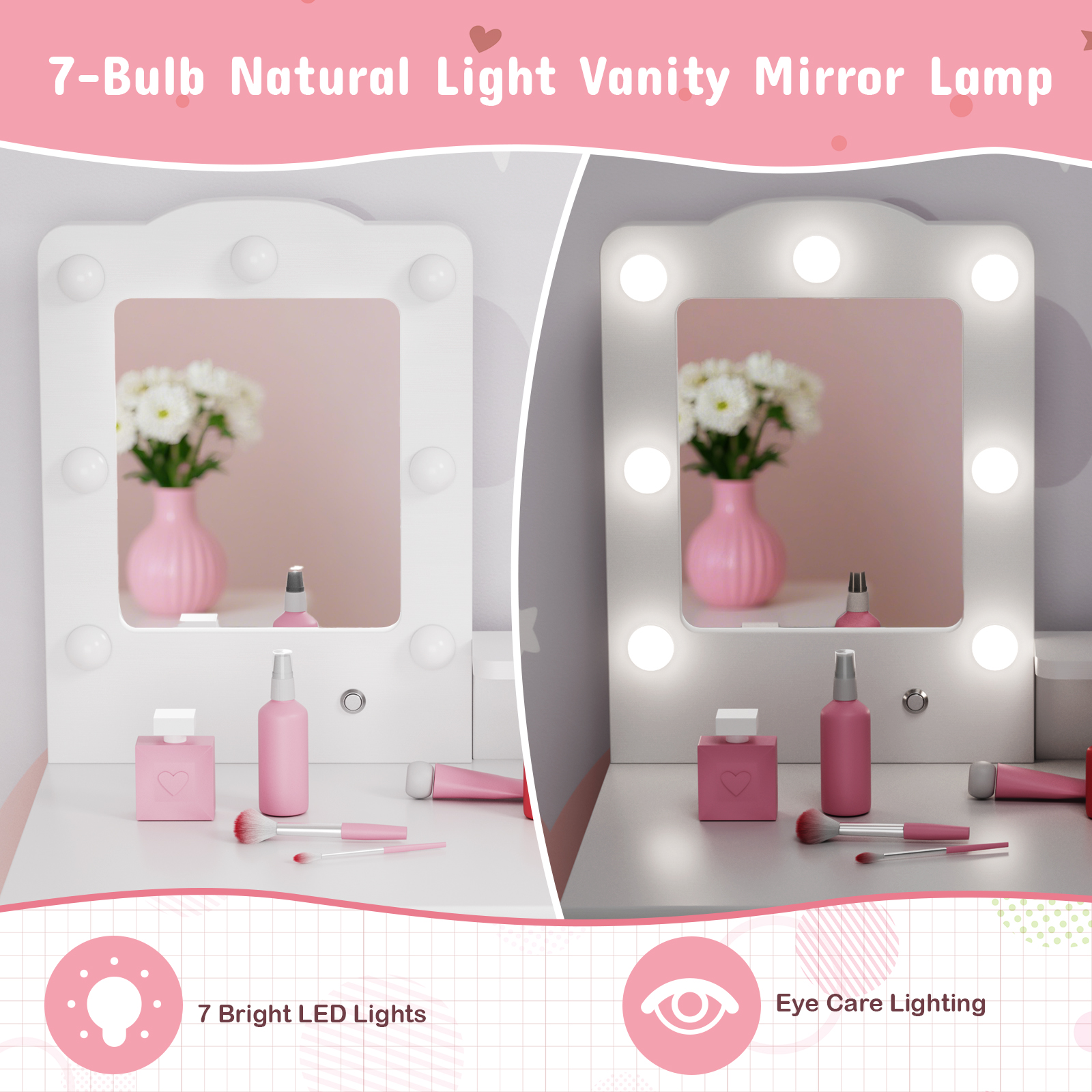 Arlopu Kids Vanity Table & Stool Set, Wooden Makeup Table and Chair Set with Storage Drawer, LED Lights & Mirror