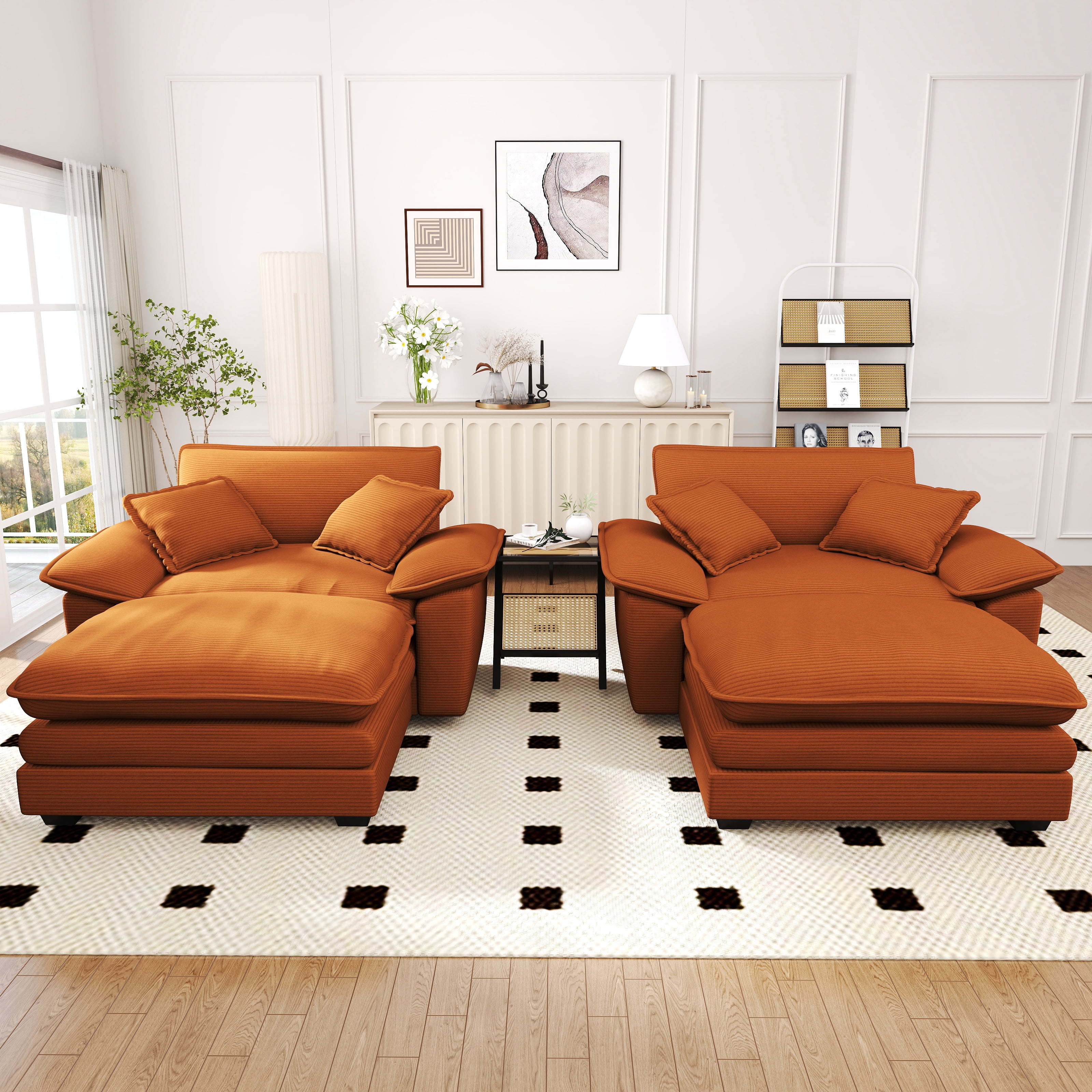 Lunale Oversized Lounge Chair & Ottoman Set - 48" Cloud Corduroy Accent Armchair for Modern Living/Bedroom, Orange Corduroy