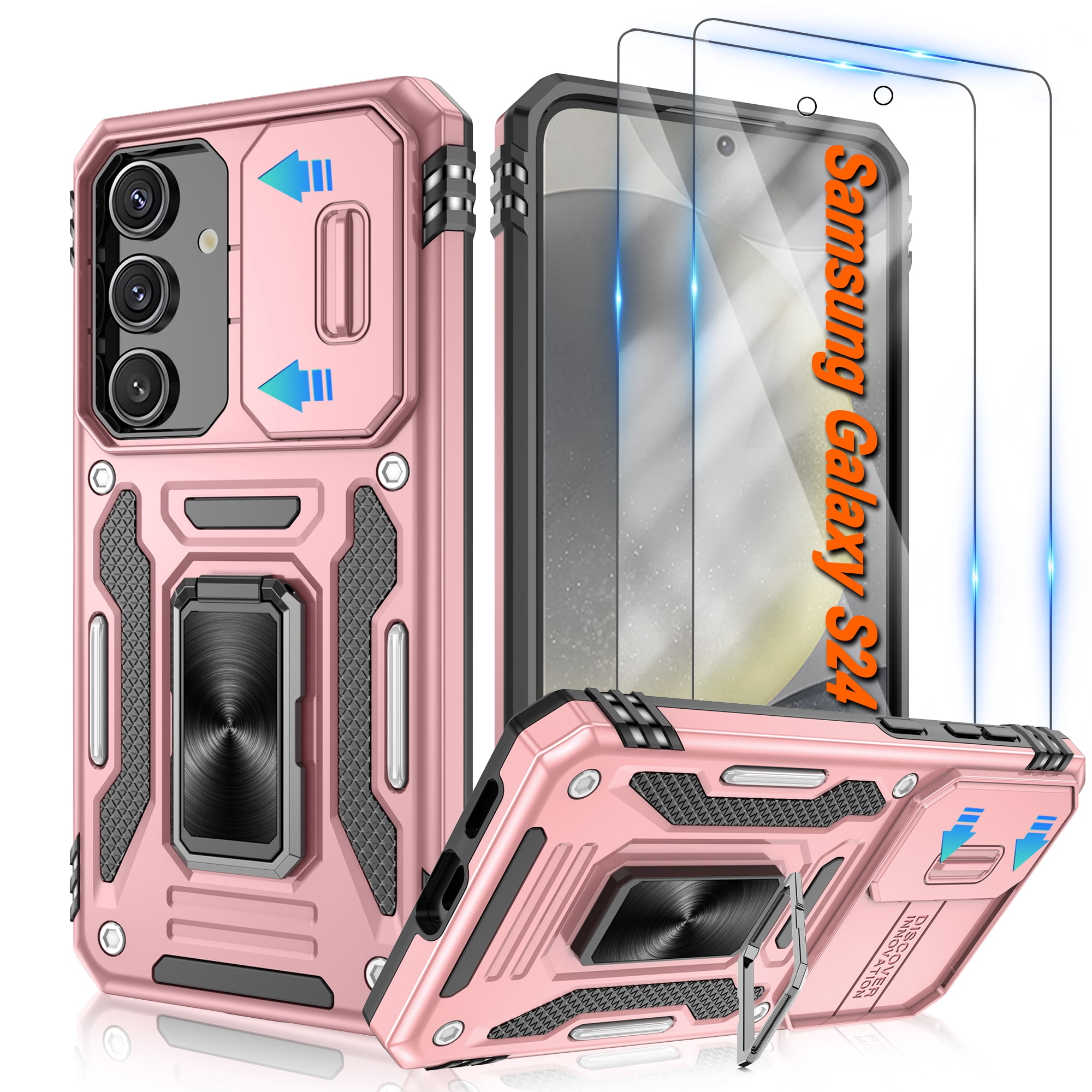 Atump for Galaxy S24 Case with 2Pcs HD Screen Protector, Military Grade Shockproof and Slide Camera Cover, 360° Rotated Ring Kickstand Protective Case for Samsung Galaxy S24,Rose Gold