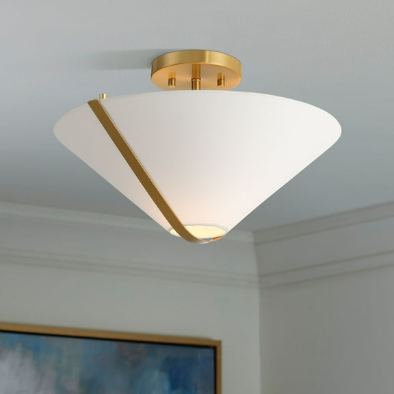 Possini Euro Design Oracle 16" Modern Art Deco Semi Flush-Mount Ceiling Light Fixture Kitchen Foyer Warm Brass Finish Linen