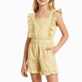 thumbnail image 5 of Girls Striped Romper Overall With Ruffle Trim Fashion Crewneck Playsuit For Summer With Pockets Jumpsuits Cute One-Pieces 2T 3T 4T 5T 6T 7T 8T 9T 10T Girls Outfits,Yellow,13-14 Years, 5 of 5