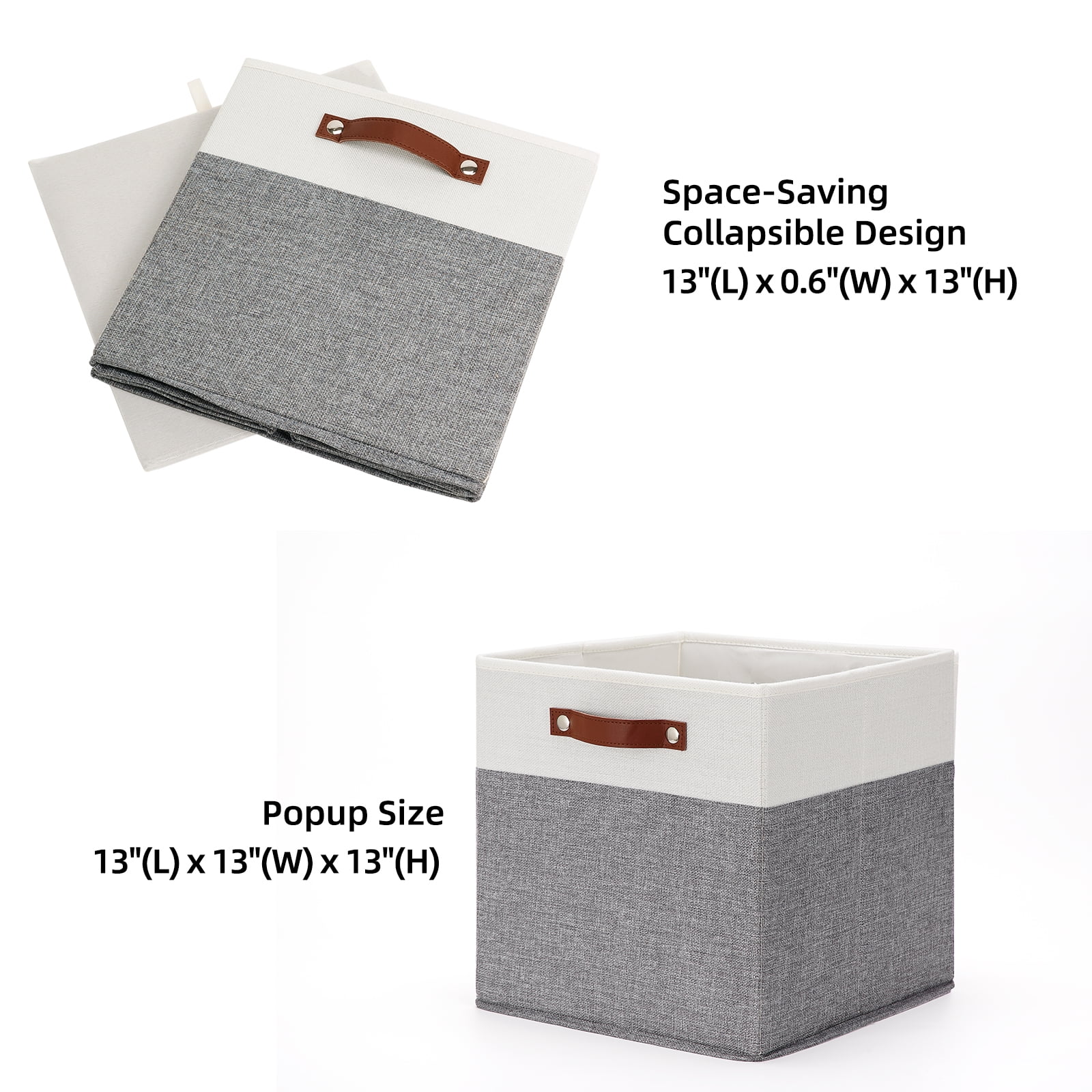 ANLEM 13x13 Storage Cubes Baskets 4 Pack Fabric Cube Storage Bins Large Storage Baskets with Leather Handles,Decorative Storage Boxes for Organizing Shelves(White&Gray)