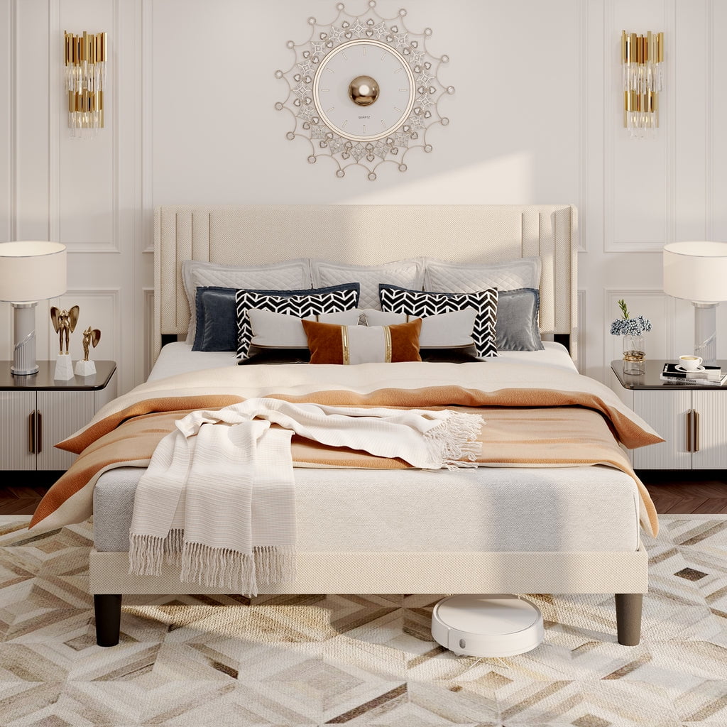 Aiho Full Size Bed Frame, Upholstered Platform Bed Frame with Sturdy Metal Frame, Modern Wingback Headboard - Beige