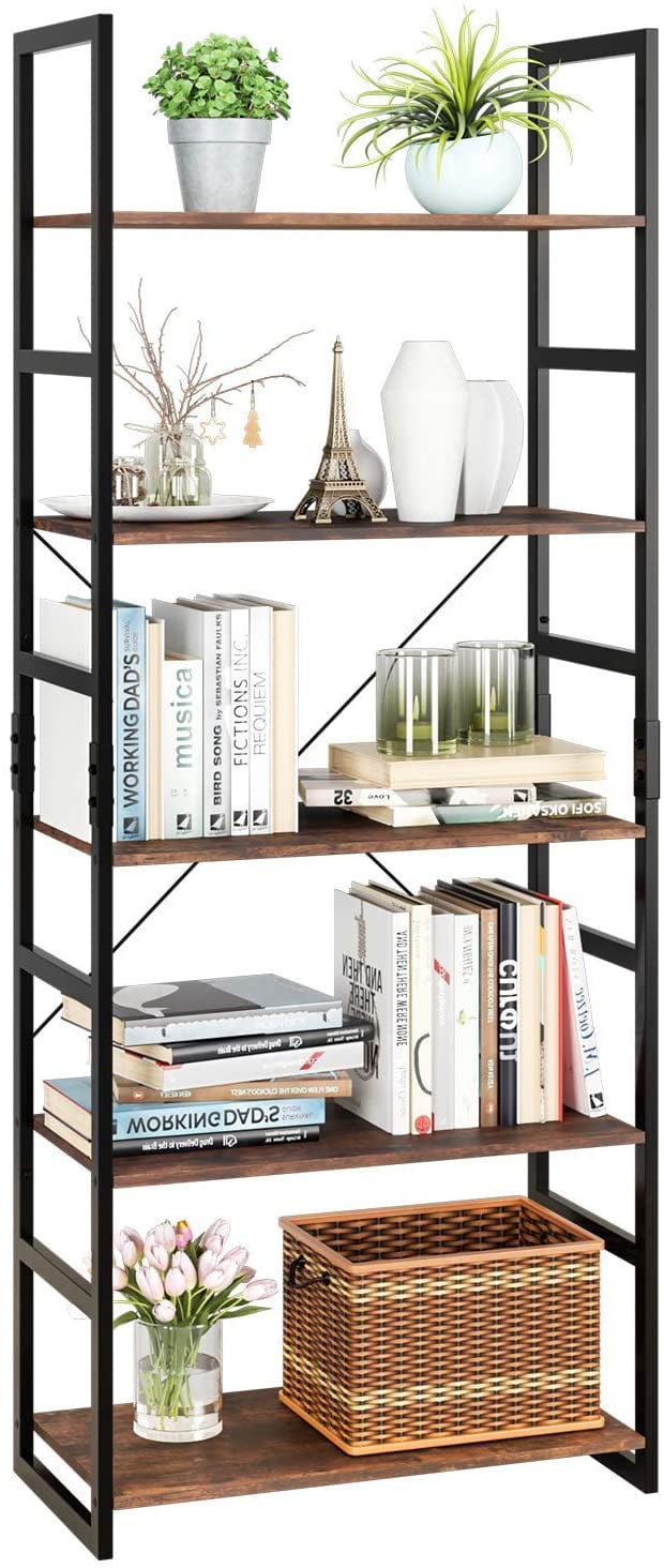 Homfa Bookshelf Rack 5 Tier Vintage Bookcase Shelf Storage Organizer Modern Wood Look Accent Metal Frame Furniture Home Office 