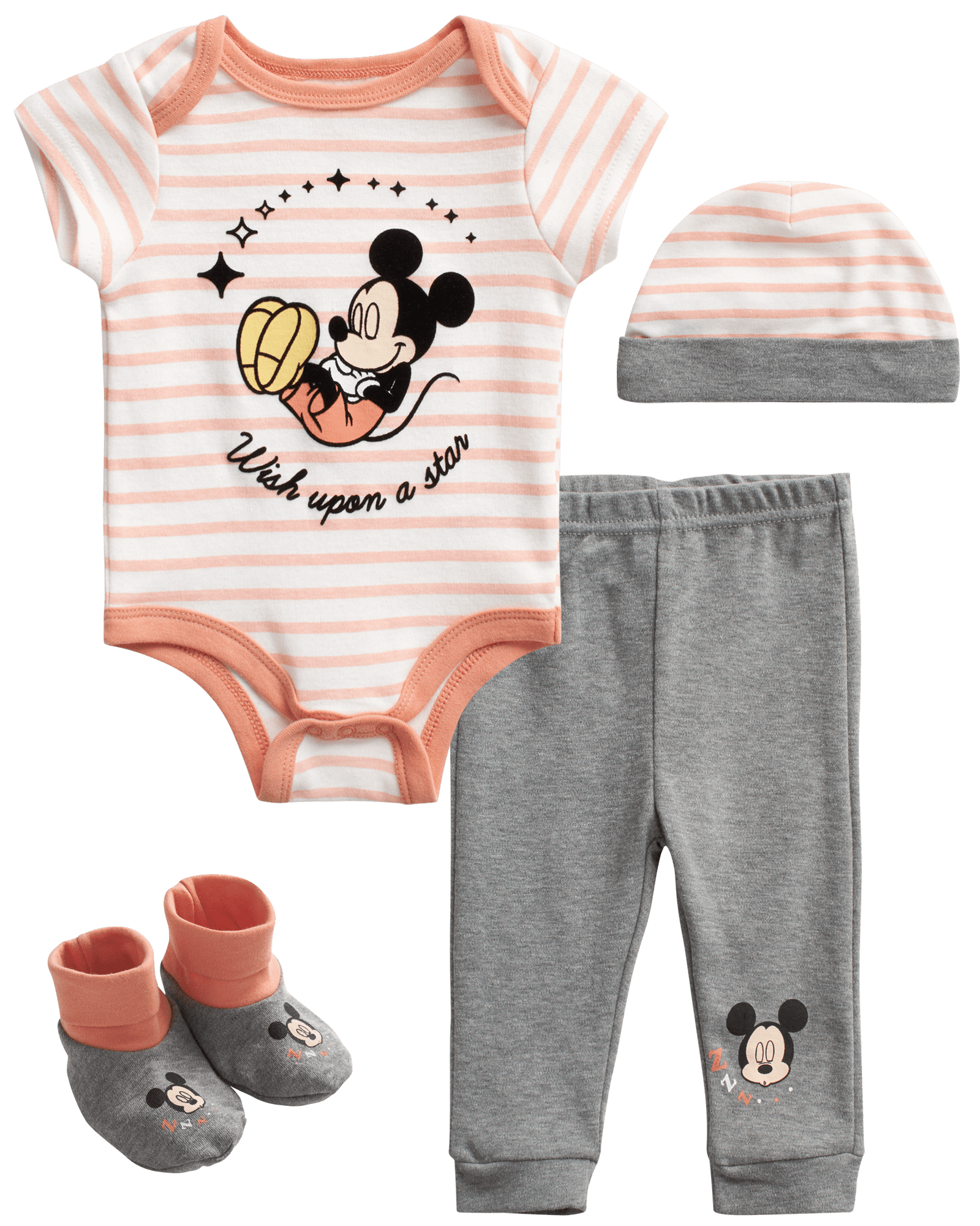 Disney Baby Boys’ 4 Piece Mickey Mouse Layette Set Hat, Booties, Pants, and Bodysuit (09M