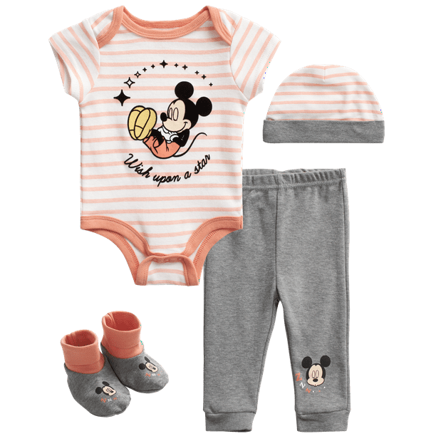 Disney Baby Boys’ 4 Piece Mickey Mouse Layette Set Hat, Booties, Pants