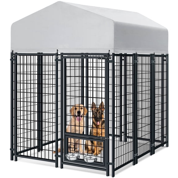 WOKEEN Large Dog Kennel Outside, 6'×4'×6',Welded Rectangular dog kennel outdoor with Waterproof Roof,2 Rotating Bowls & Secure Lock for Backyard （All Life Stages Dogs）