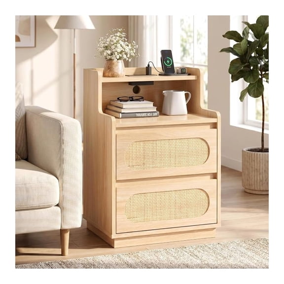 Sunshen Rattan Nightstand with Charging Station, Boho Nightstand with Drawers and Shelves, Wood Night Stand Bedroom, Real Rattan Bed Side Table/End Table,17.72" W*13.86" D*25.6" H