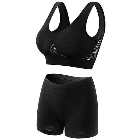 Women s Wireless Gathered Seamless Suspender Solid Color Push Up Breathable Gathered Sports Bras Underwear Panty Set Black Xxxxxl