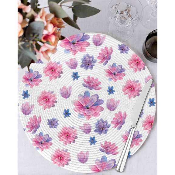 15 Inch Round Placemats Set of 6, Purple Pink Spring Floral Non Slip Heat Insulation PP Table Mats, Summer Botanical Flower Washable Place Mats for Kitchen Dining Party Table Decor