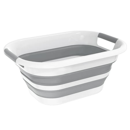 Kusmil 26L Collapsible Plastic Laundry Basket  Foldable Pop up Storage Container Space Saving Washing Tub Organizer (White/Grey)