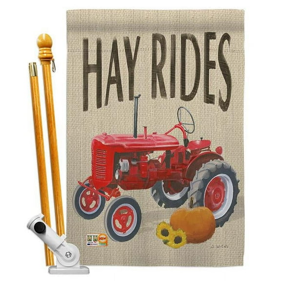 Breeze Decor BD-HA-HS-113075-IP-BO-D-US18-WA 28 x 40 in. Hay Rides Fall Harvest & Autumn Impressions Decorative Vertical Double Sided House Flag Set with Pole Bracket Hardware