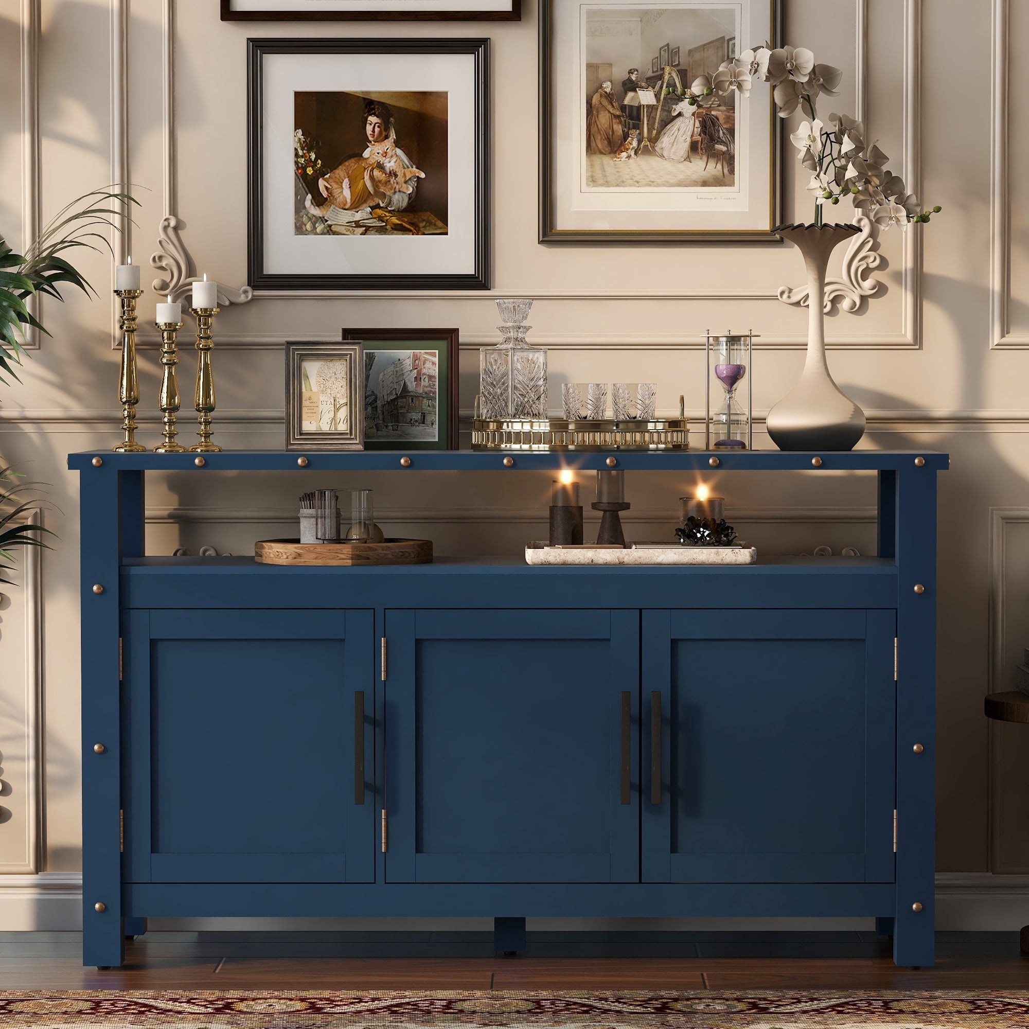 Euroco Sideboard Buffet Cabinet with 3 Doors, 55" Storage Cabinet with Metal Handles and Metal Rivets Design,Coffee Bar for Kitchen Living Room,Entryway,Navy Blue