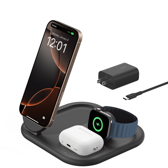 Belkin 3-in-1 MagSafe-Compatible Charger 15W, Foldable Qi2-Certified Wireless Charging Station - Black