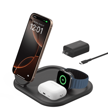 Belkin 3-in-1 MagSafe-Compatible Charger 15W, Foldable Qi2-Certified Wireless Charging Station - Black