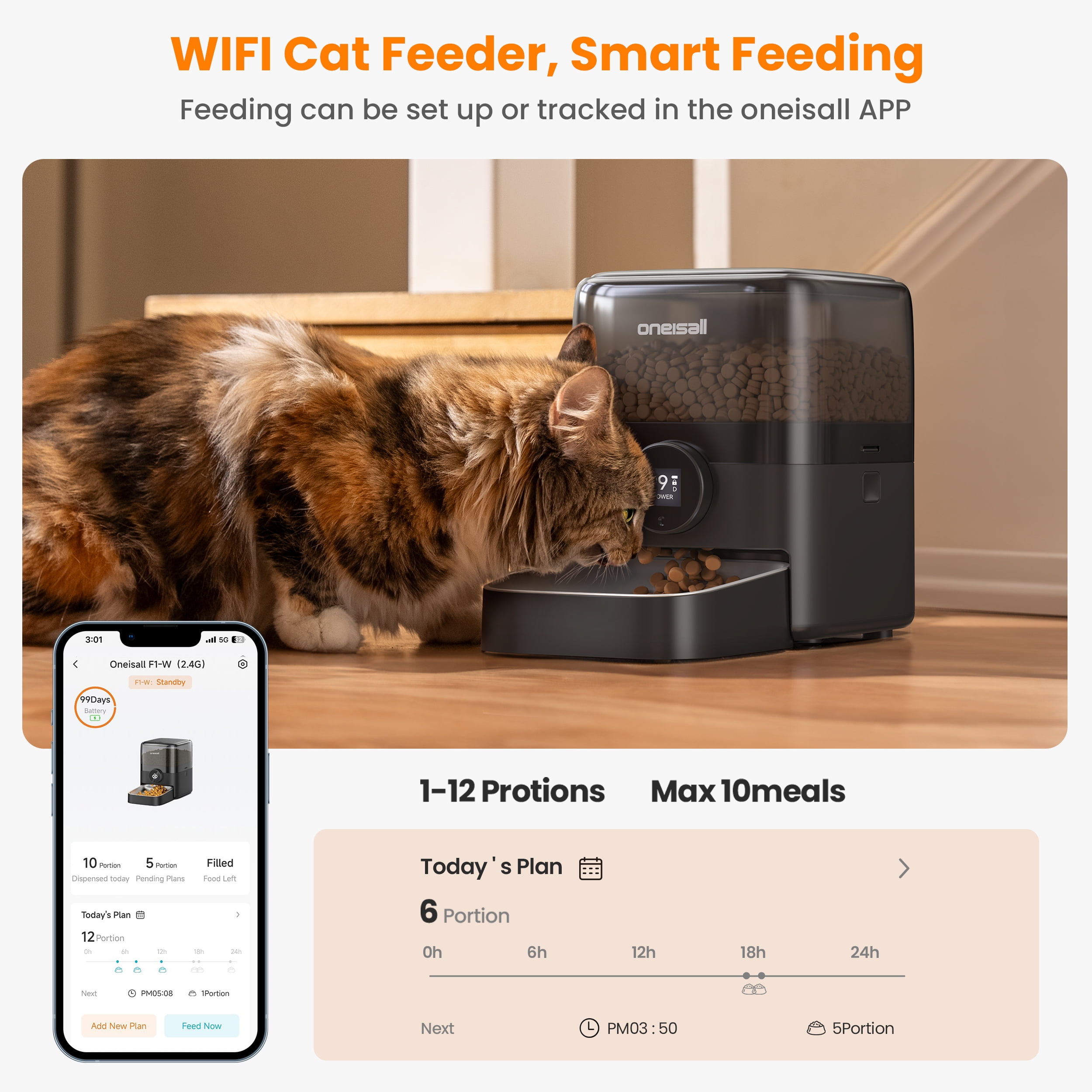 Oneisall PF06 Wireless Automatic Cat Feeder, 12 Cups/3L WiFi Timed Cat Feeder, 100 Day Extended Runtime Pet Feeder, Automatic Cat Food Dispenser for Large Kibble, Smart App Control, Black