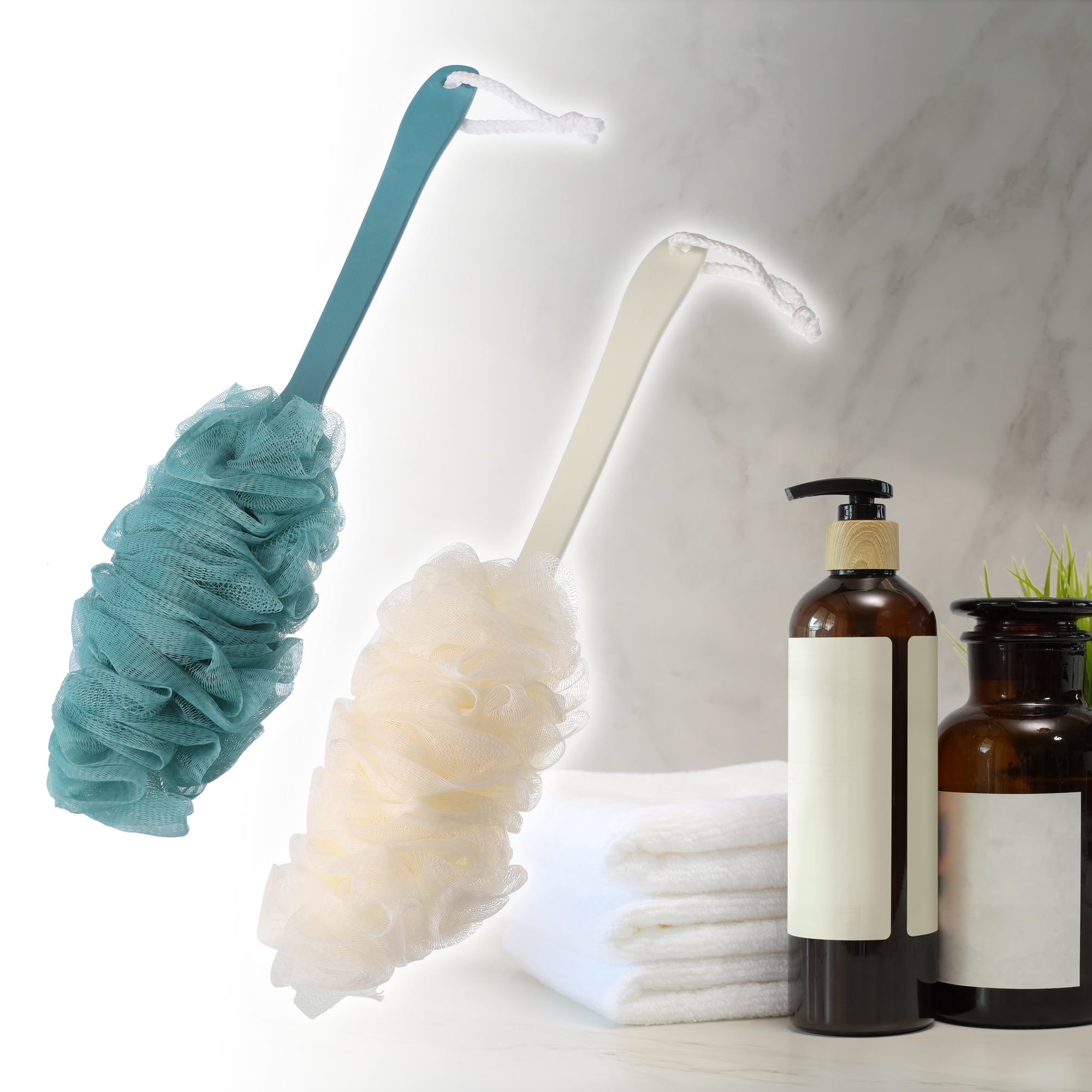 Unique Bargains 2 Pcs Body Bath Brush, Back Scrubber for Shower, Loofah Shower with Long Handle for Skin Exfoliating, PP Mesh Blue
