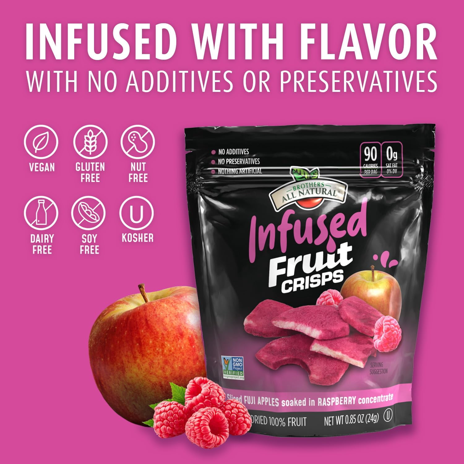 Brothers All Natural Infused Freeze Dried Fruit Crisps, Fuji Apple Infused with Raspberry, 0.85 Oz (Pack of 8), Made with 100% Fruit, Gluten Free, Soy Free, Vegan, Healthy Snack, Resealable Pouch