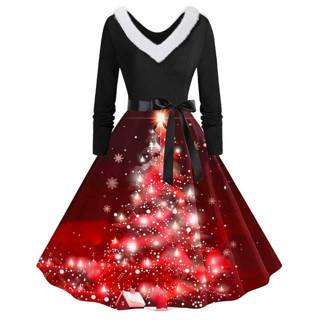 TIMIFIS Robes de Noël pour Femmes, Robes Maxi pour Femmes Robe Vintage de Vacances Manches Longues Col en V en Fourrure Robe Dos Nu