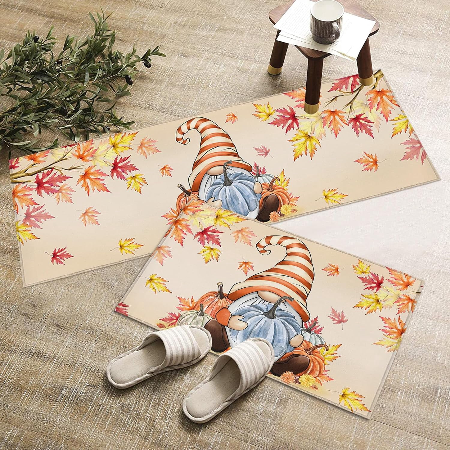 Farm Gnomes with Pumpkins Kitchen Rugs and Mats Non Skid Washable Floor Doormat, Autumn Harvest Maple Leaf Branch 2 Piece Comfort Sink Standing Rug Area Runner Non-Slip Rubber Backing Mat Orange