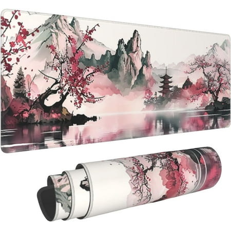 Watercolor Cherry Blossom Gaming Mouse Pad, Sakura Waterproof and Non-Slip Mousepad, Extended XL 31.5 x 11.8inches Desk Mat, 3mm Thick Rubber Base Desk Pad for Office Home