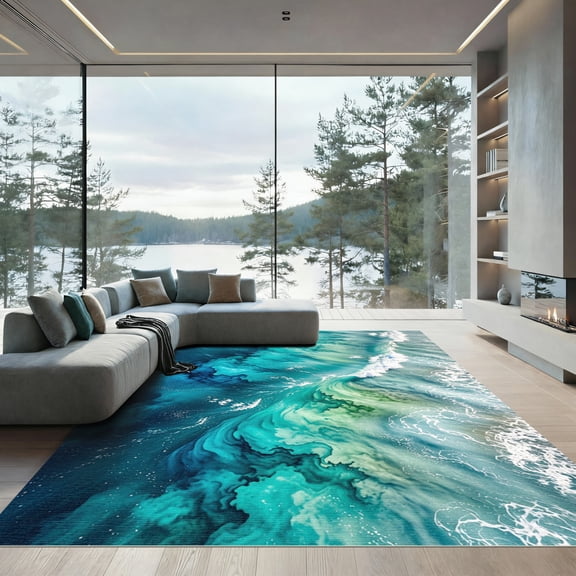 ODIKA 4'x6' Machine Washable Non-Slip Area Rug, Abstract Turquoise High Traffic Rug, Blue, 948846