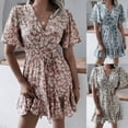thumbnail image 5 of Women Summer Flared Short Sleeve Sexy Wrap V Neck Mini Swing Dress Floral Print Tie Waist Pleated Ruffle Hem A-Line Flowy Chiffon Sundress, 5 of 18