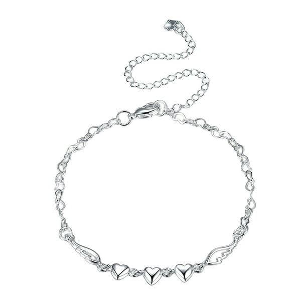 BRIGHTFUFU Pulsera de tobillo corazón plata Pulsera de tobillera ángel elegante con extensor Cadena de pie elegante para mujeres