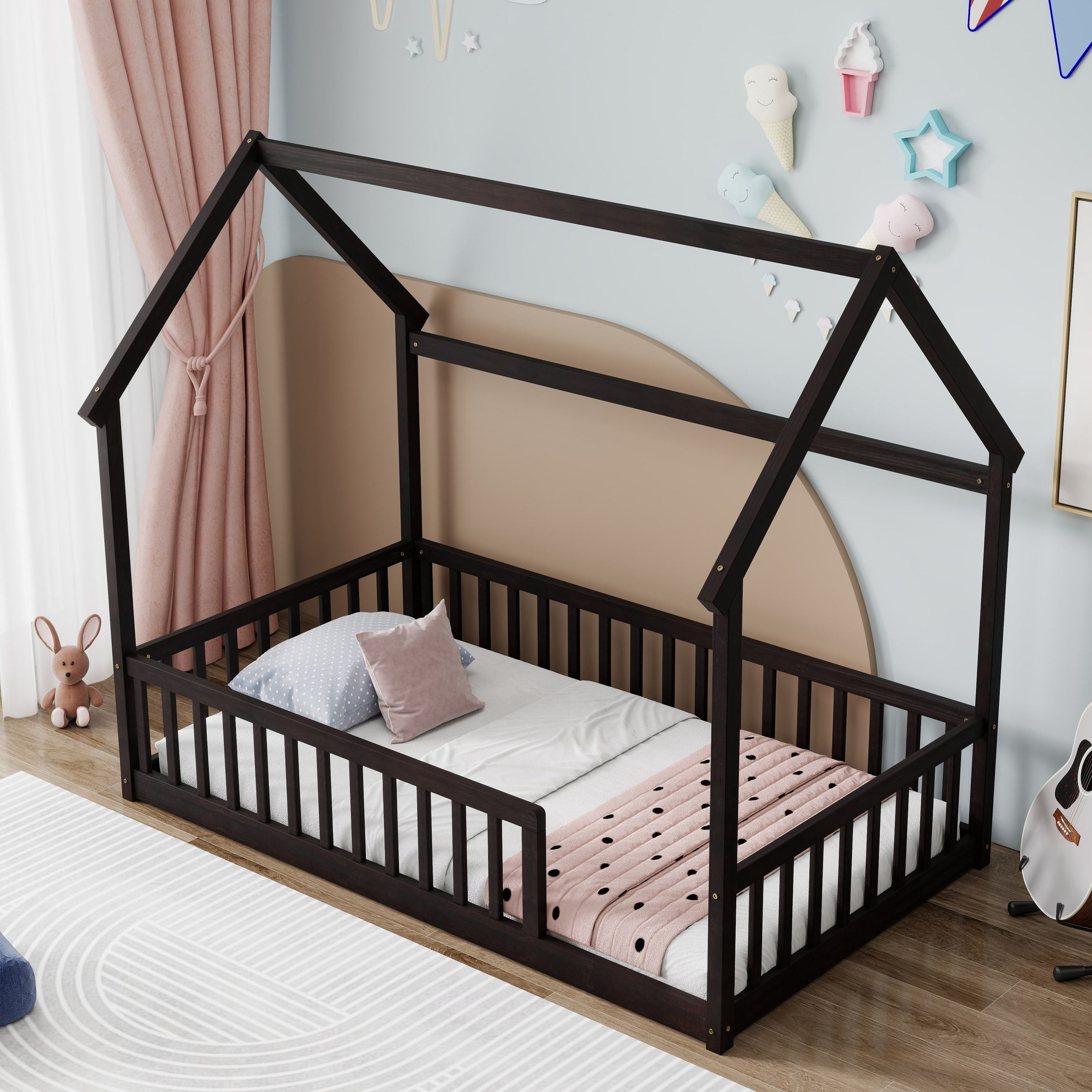 Twin Size House Floor Bed with Roof Frame, Pine Wood Floor Bed with Safety Guardrails, Espresso