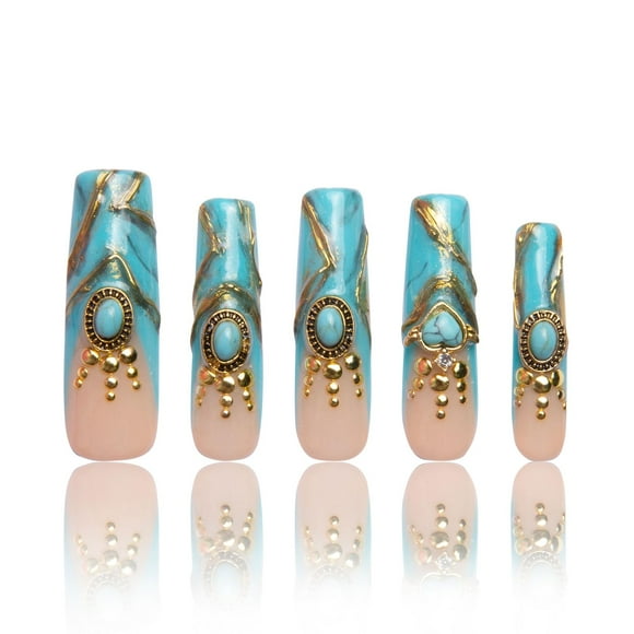 Adorable punta francesa de color azul turquesa con cristales para presionar on Nails