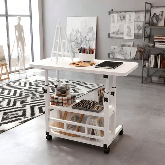 Height Adjustable 3-Tier Mobile Computer Desk, Rolling Laptop Cart With Knob Lifting Design, Lockable Caster Wheels, Metal Frame Portable Space-Saving Workstation For Home Office